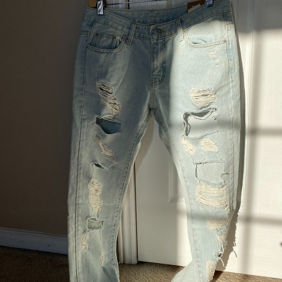 Light Blue Straight Leg Distressed Jeans - Picture 1 of 15